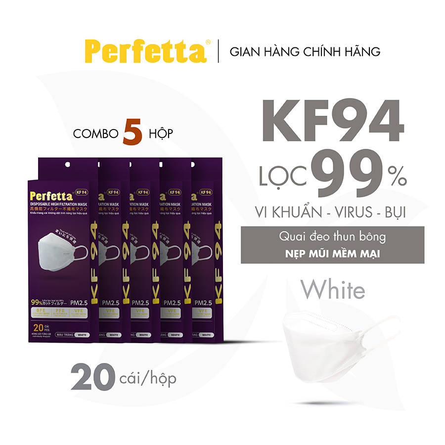 Combo 5 Hộp - Khẩu Trang Kf94 Phong Cách Hàn Quốc Chất Lượng Cao, Kháng Khuẩn, Chống Bụi Mịn, 3 Lớp, Bảo Vệ Tối Ưu, Đóng Gói Từng Cái - 20 Cáihộp - Trắng