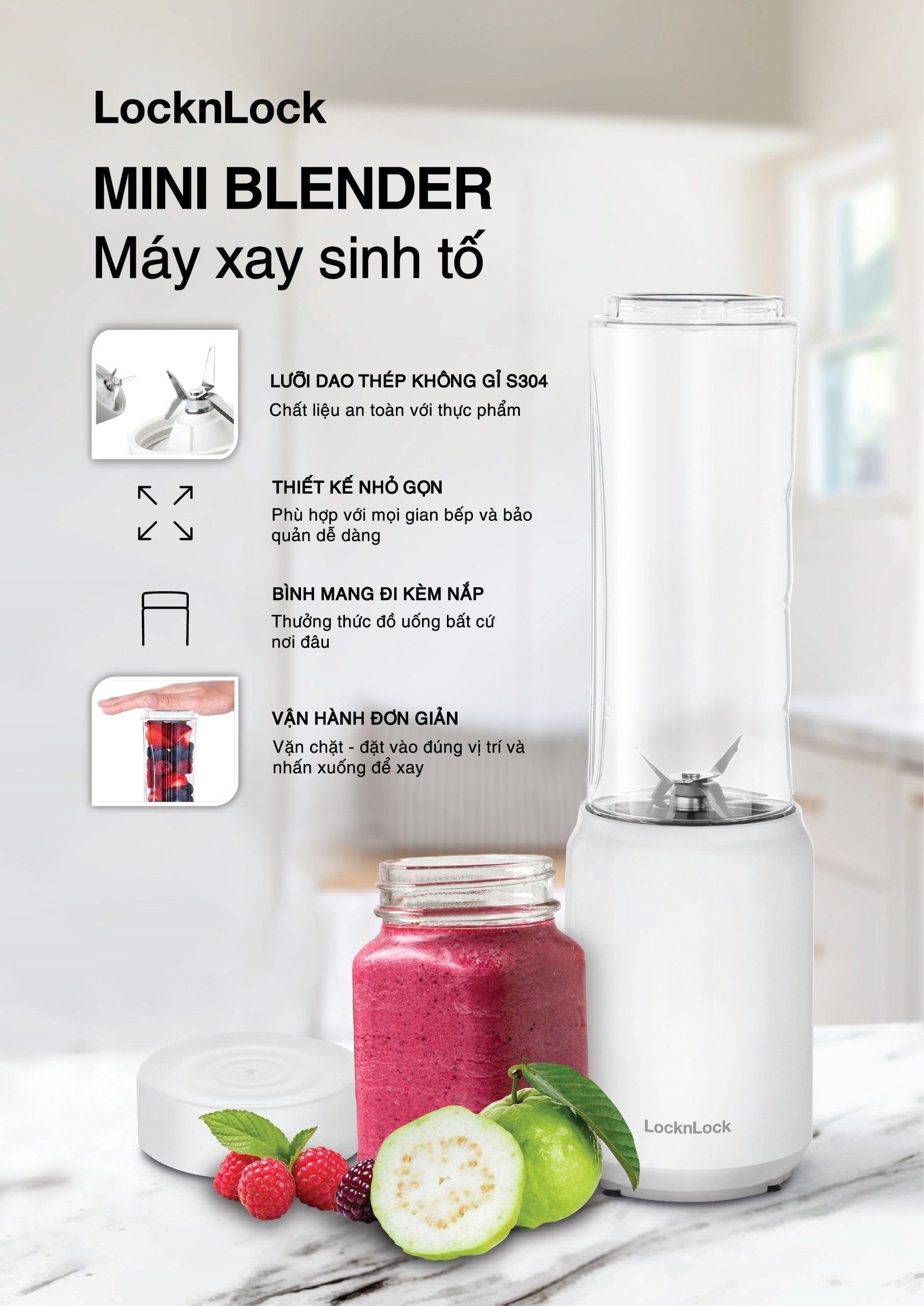 Máy Xay Sinh Tố Mini Blender Locknlock EJM433WHT (Model 2024), 220-240 V, 50/60 Hz, 150 W, 280 ml - Hàng Chính Hãng
