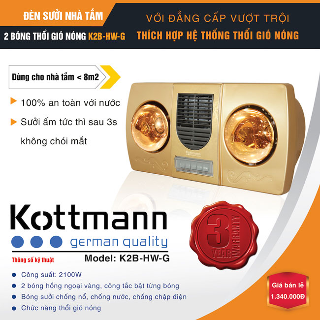 Đèn sưởi nhà tắm Kottmann K2B-HW-G sưởi gió vàng Hàng chính hãng