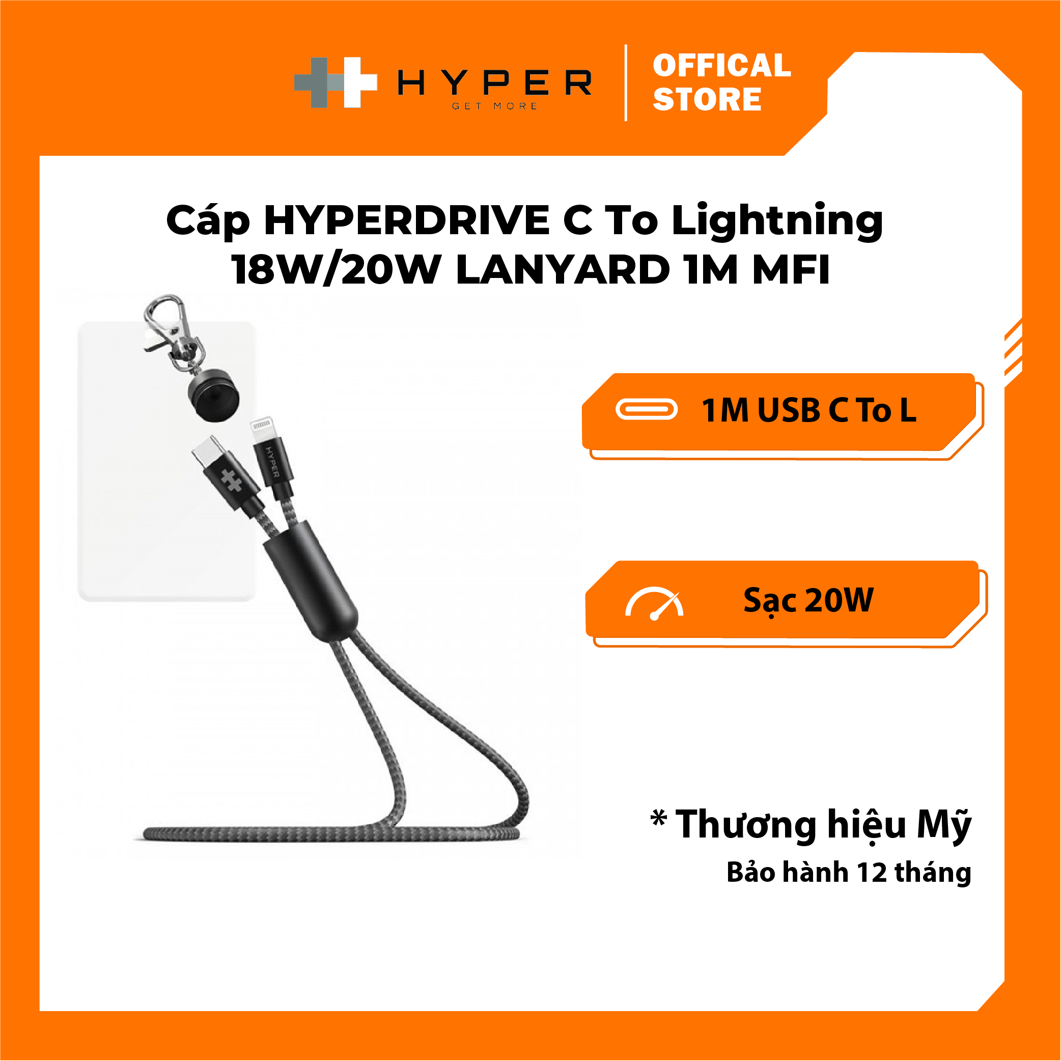 Cáp sạc cho iPhone Hyperdrive Keychain 1M Cable - Hàng chính hãng