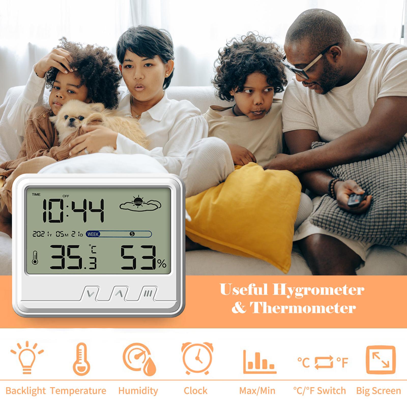 YS202 Indoor Hygrometer Thermometer with Time Date Week Backlight LCD Display Clock Calendar
