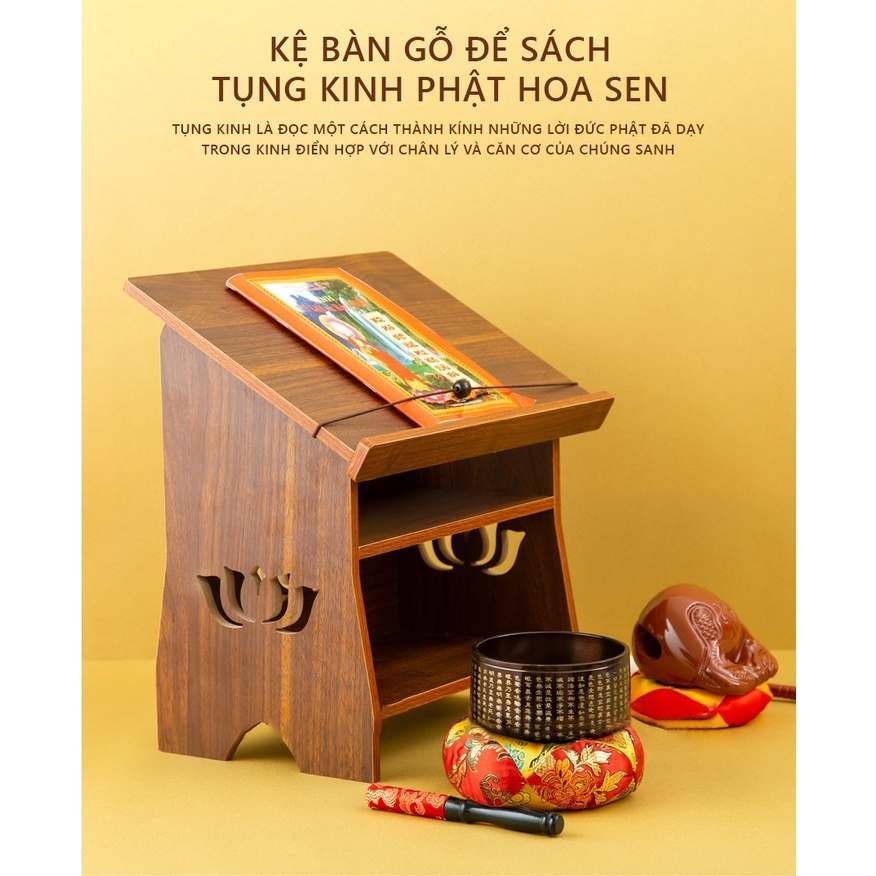 Kệ Tụng Kinh Hoạ Tiết Hoa Sen Tinh Tế Màu Gỗ Cháy AP270