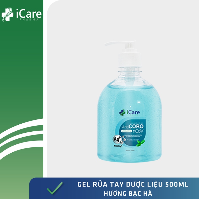 Gel rửa tay dược liệu AntiCoro - Thương hiệu iCare Pharma - Bạc Hà - Chai 500ml