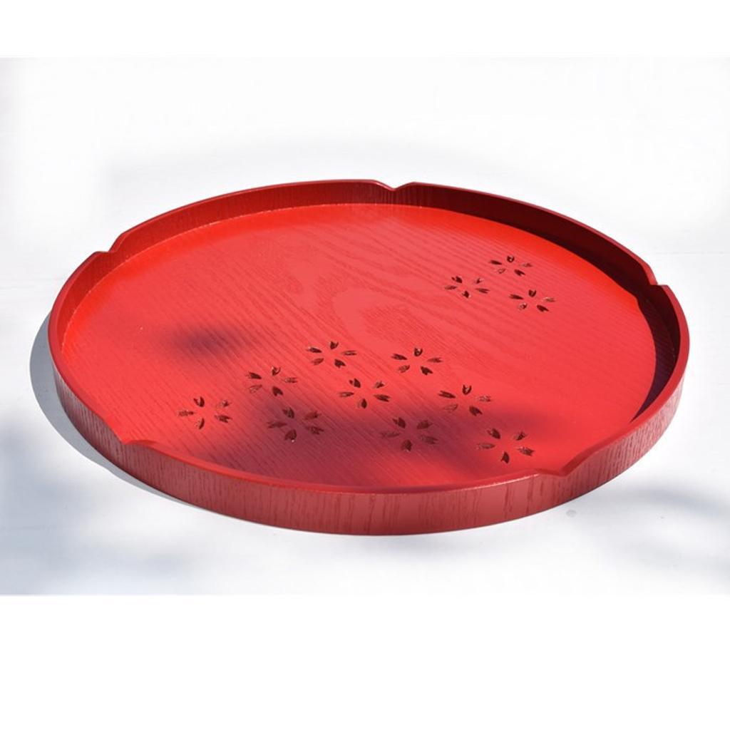 Wooden Serving Tray Pizza Tea Food Platter Home Fruit Plate Round Red 30cm