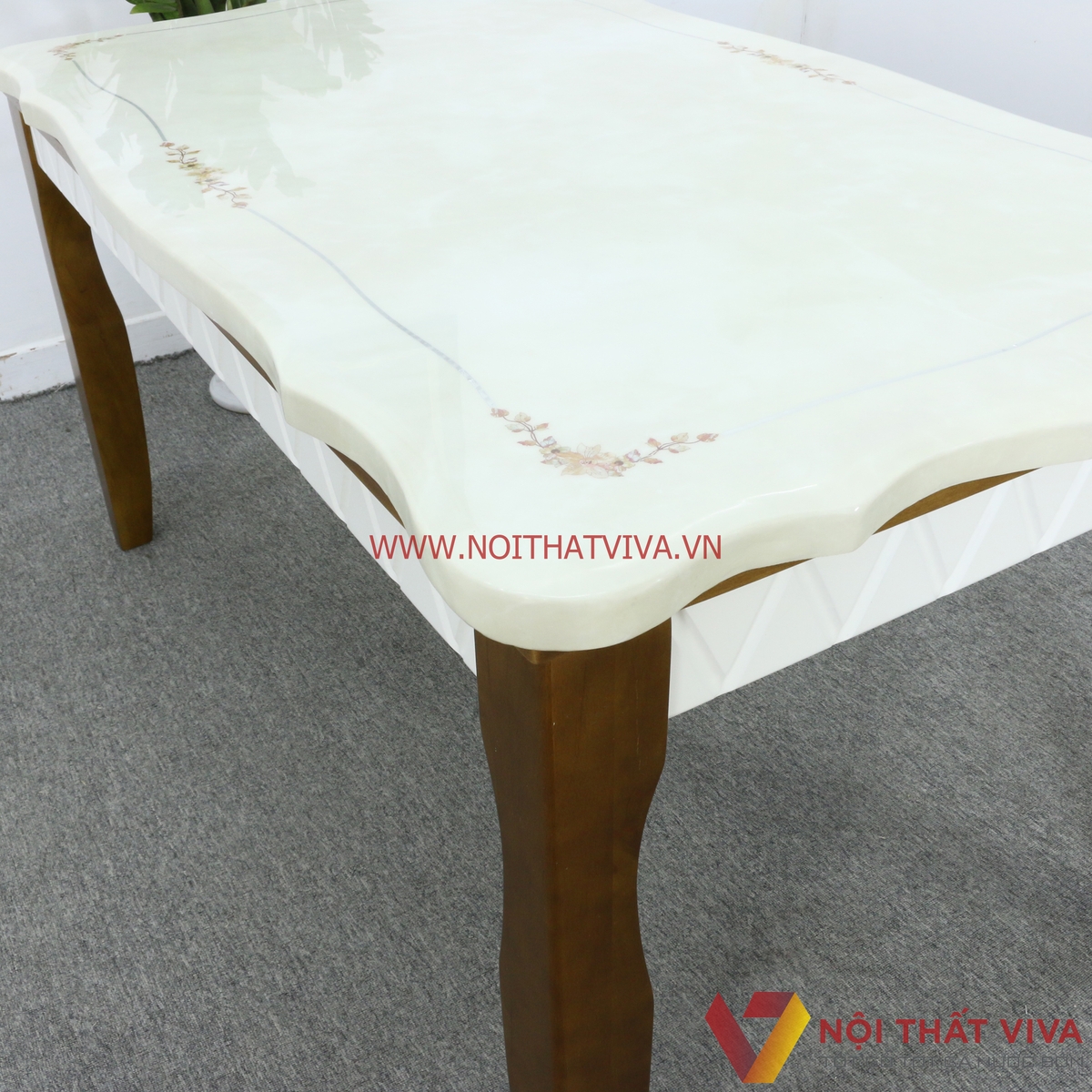 Bộ Bàn Ăn Mặt Đá Cẩm Thạch Gỗ Xoan 6 Ghế Màu Óc Chó Phối Trắng Cao Cấp