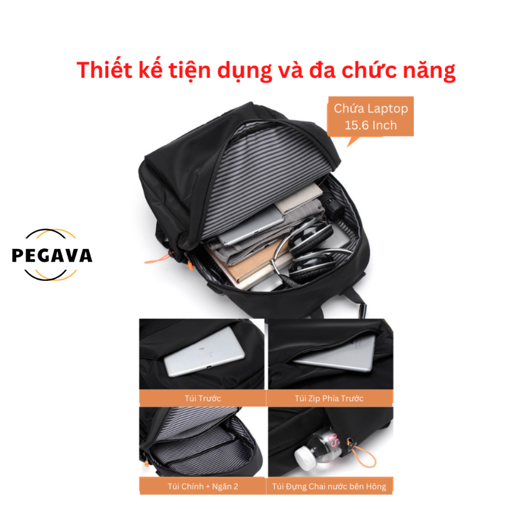 Balo nam nữ đi học Pegava PG-06D Đựng Laptop Chống Thấm Nước Có Cổng Sạc USB