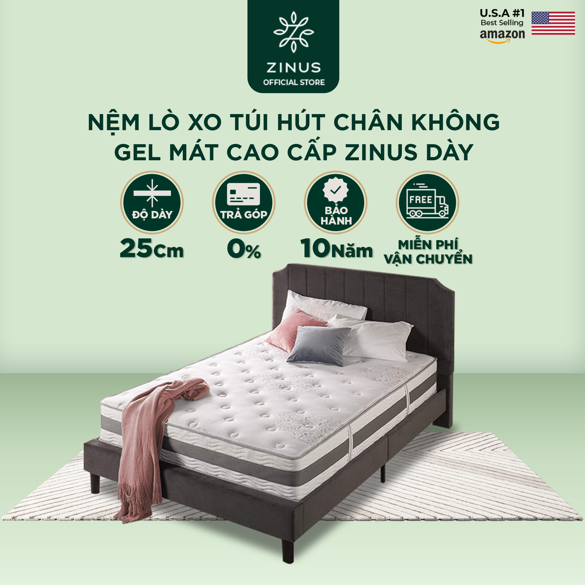 Nệm lò xo túi hút chân không Gel mát cao cấp Zinus - Gel-Infused Memory Foam Hybrid Spring Mattress