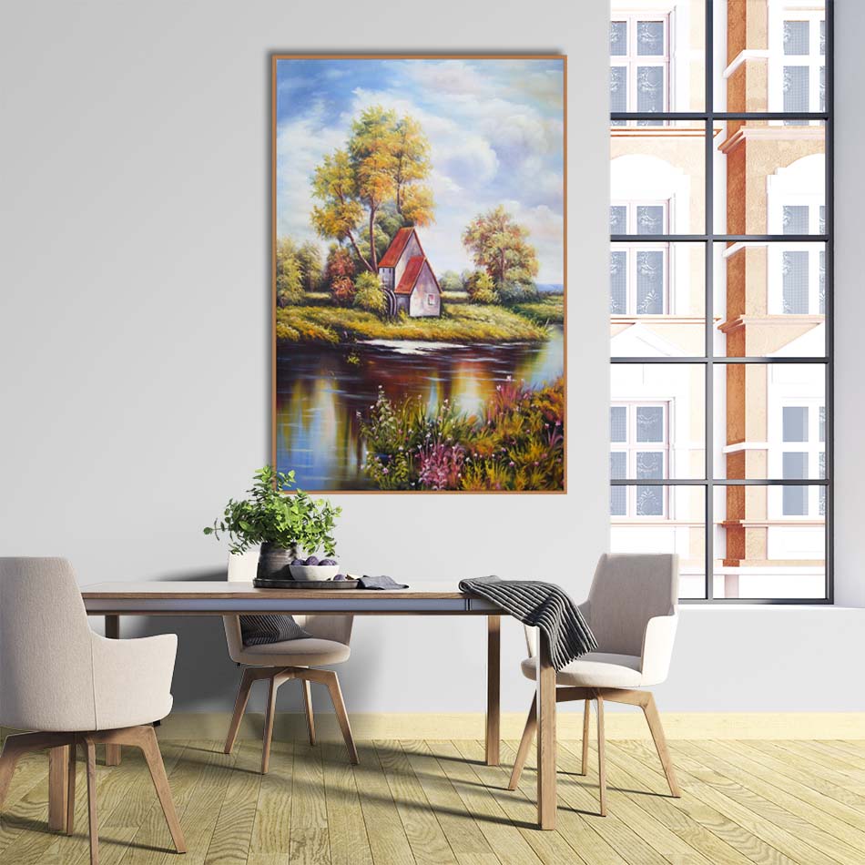 Tranh canvas phong cách sơn dầu - Phong cảnh Ven sông - PC022