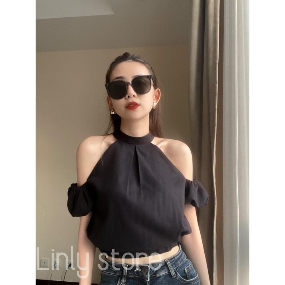Áo trễ vai croptop tay bồng - Áo kiểu nữ chất Linen, thiết kế cổ yếm 2021