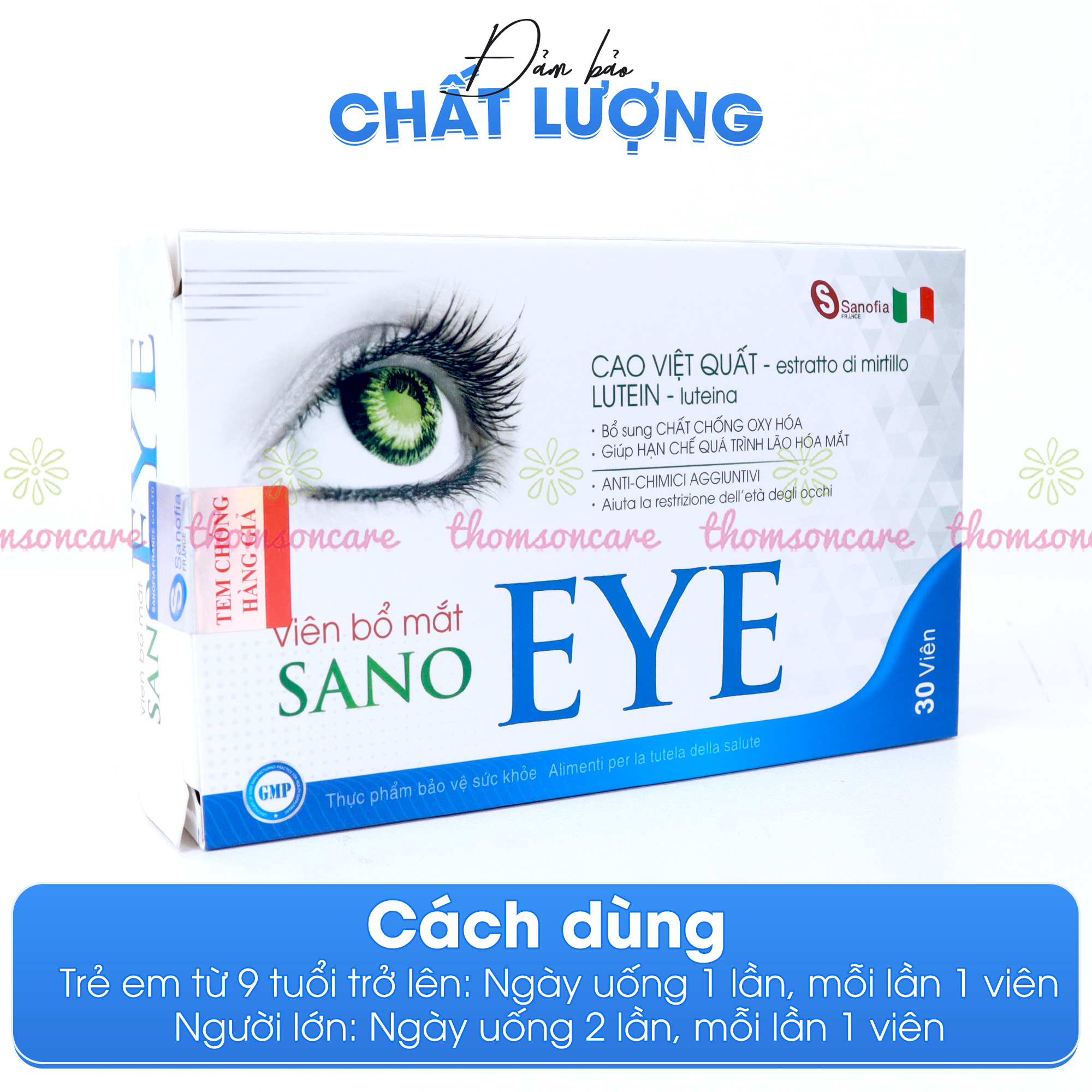 Viên uống bổ mắt SanoEye - Giúp cải thiện thị lực, mờ mắt, chống khô mắt, loạn thị từ dầu cá, việt quất - Hộp 30 viên Thomsoncare