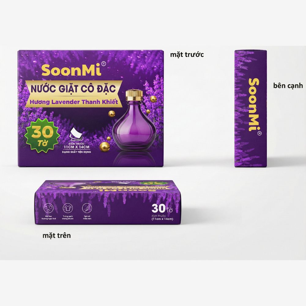 Nước Giặt Cô Đặc SoonMi Hương Lavender - Công Nghệ Giặt Tẩy Thế Hệ Mới (Hộp 30 Tờ) - hàng chính hãng
