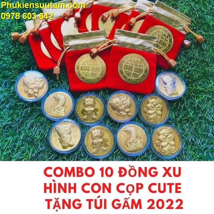 Combo 10 Đồng Xu Hình Con Cọp CUTE Tặng Túi Gấm 2022, Dùng để treo trong nhà, trên cây hoa mai, Làm quà tặng ý nghĩa dịp Lễ, Tết, kích thước 4.5cm, màu vàng - TMT Collection - SP005456