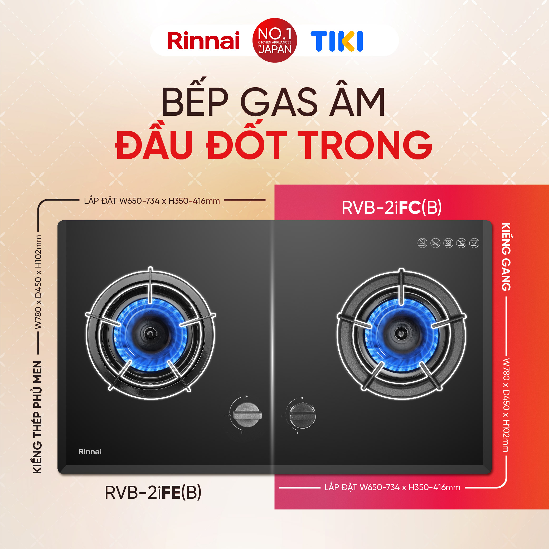 [SP MỚI 2024] Bếp gas âm đầu đốt trong Rinnai RVB-2iFC(B) kích thước lắp đặt linh hoạt, kiềng gang - Hàng chính hãng