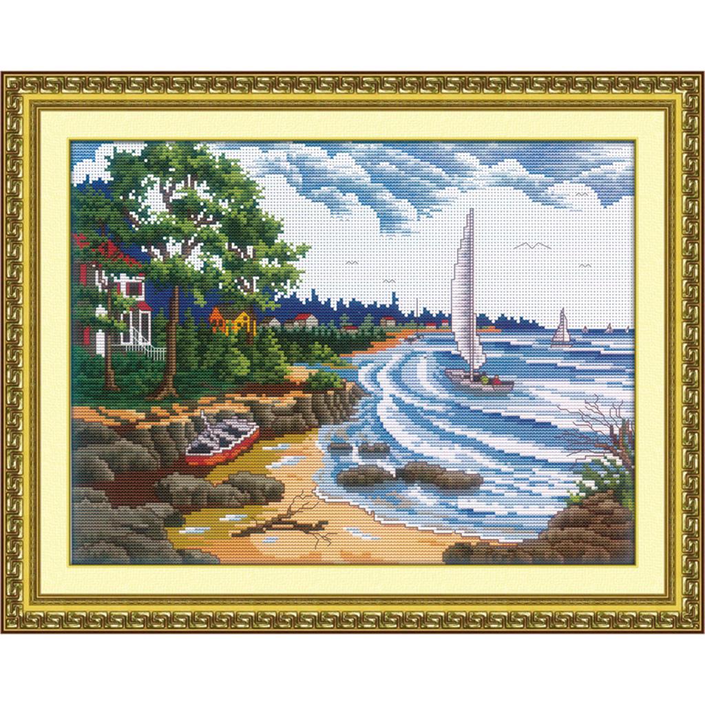 Stamped Cross Stitch Embroidery Kits Pre-Printed Pattern - Seaside Landscape
