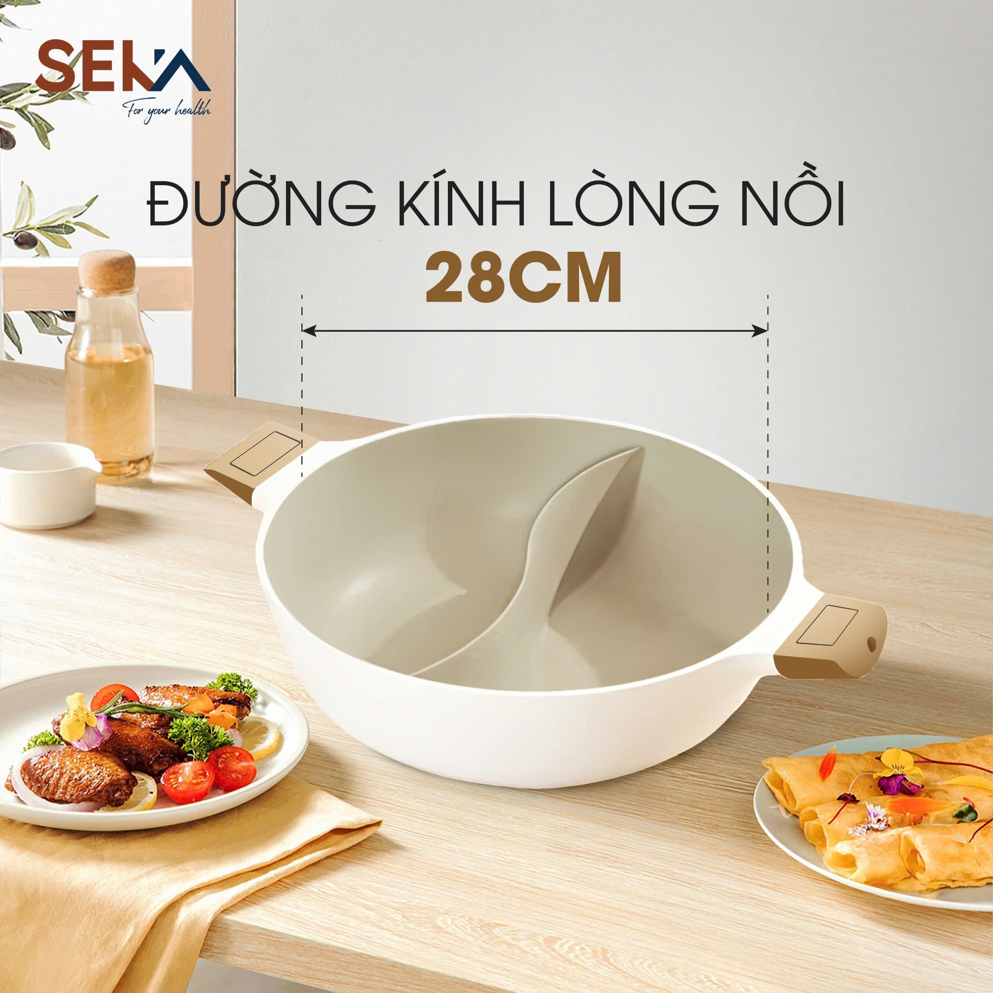 Nồi lẩu 2 ngăn nhôm đúc nguyên khối Seka 28cm- dùng được trên mọi loại bếp