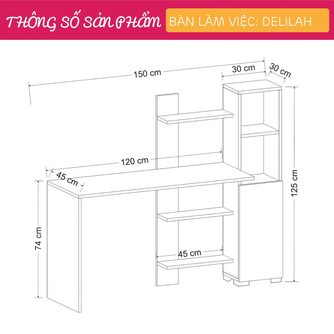 Bàn làm việc, bàn học gỗ hiện đại SMLIFE Delilah | Gỗ MDF dày 17mm chống ẩm | D150xR45xC125cm