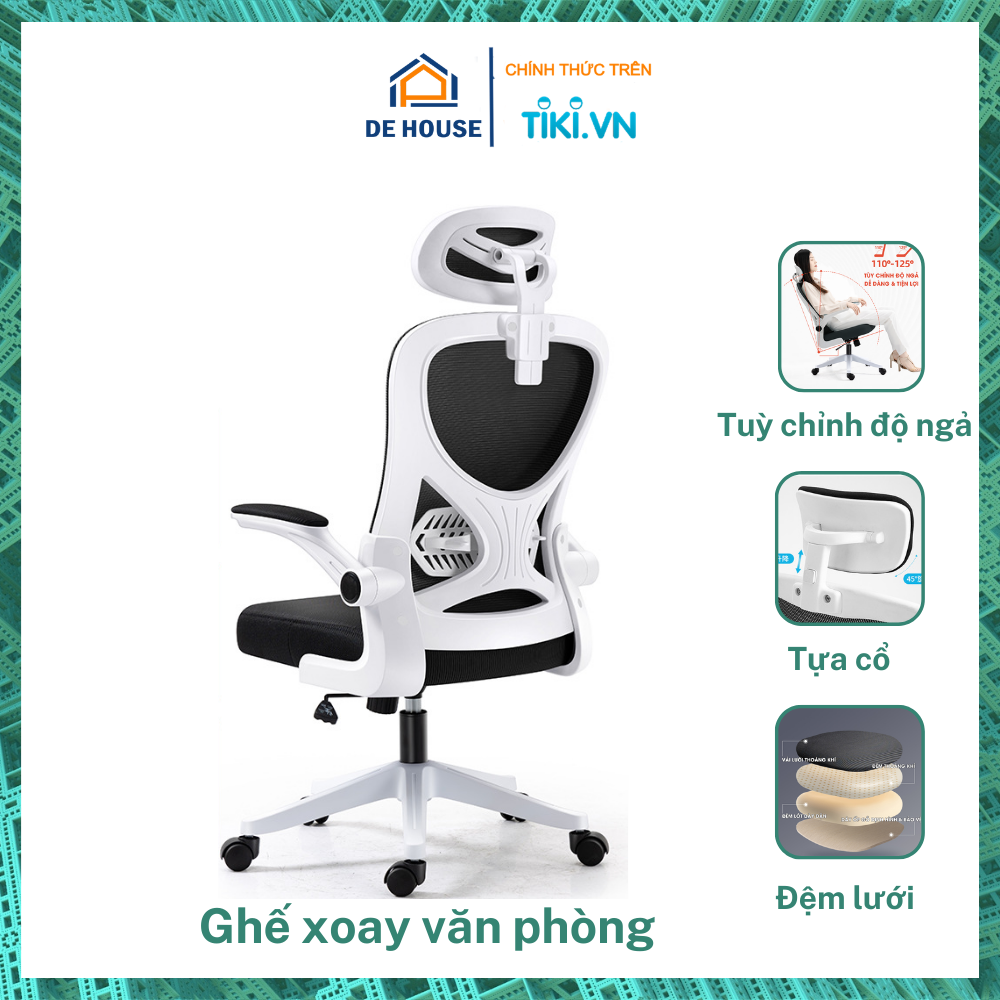 Ghế Xoay Văn Phòng Ngồi Làm Việc Công Thái Học - Ghế Xoay Văn Phòng Tựa Lưng Lưới, Ghế Máy Tính Tại Nhà - Tay Gập Thông Minh, Có Ngả Lưng, Lưới Thoáng Khí, Chân Xoay Tiện Ích, Đệm Ghế Êm Ái,