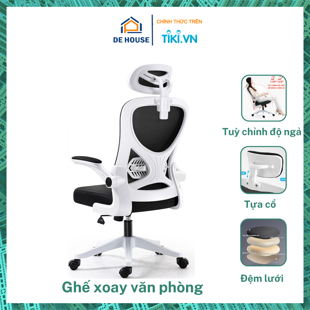 Ghế Xoay Văn Phòng Ngồi Làm Việc Công Thái Học -  Ghế Xoay Văn Phòng Tựa Lưng Lưới, Ghế Máy Tính Tại Nhà - Tay Gập Thông Minh, Có Ngả Lưng, Lưới Thoáng Khí, Chân Xoay Tiện Ích, Đệm Ghế Êm Ái