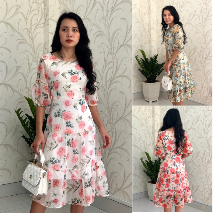Đầm xòe hoa S&M voan tơ tùng nhún, tay phồng siêu xinh GR179 _ Hình thật shop chụp