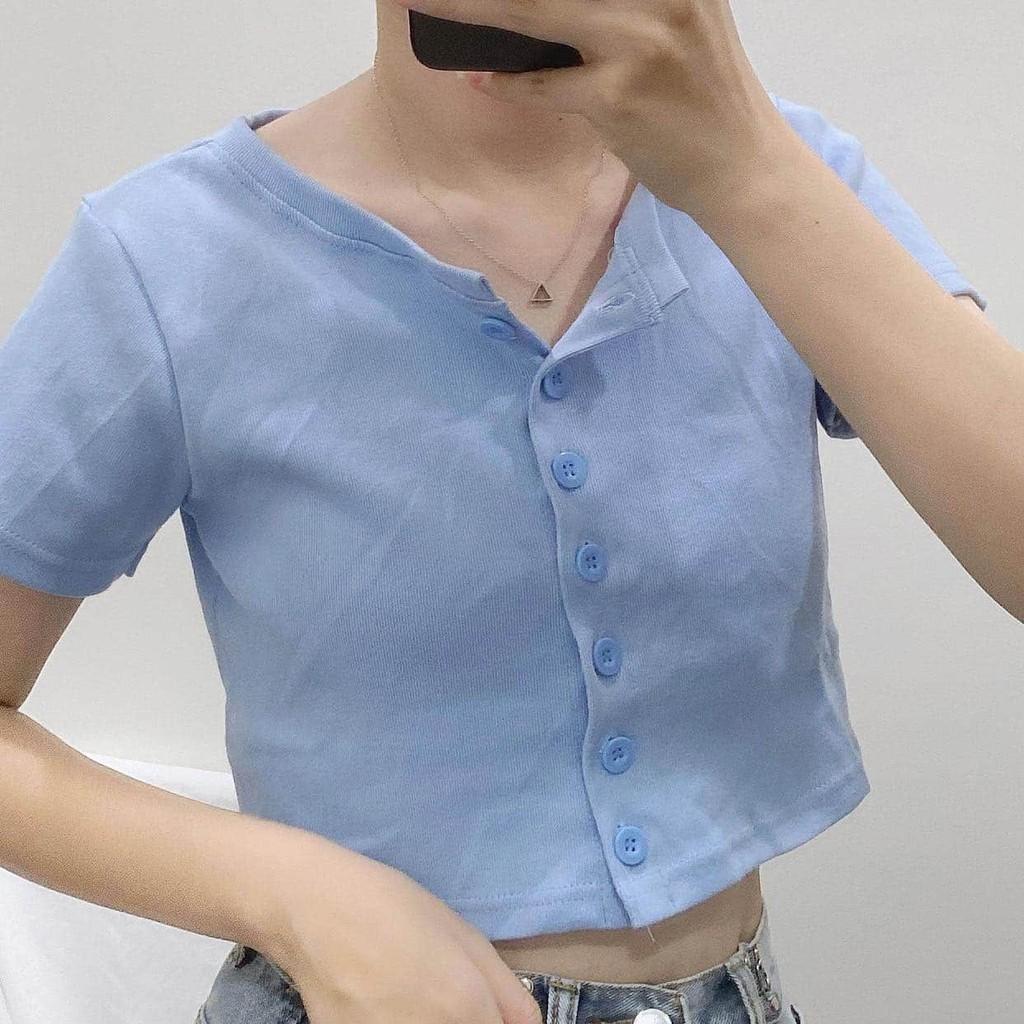 Áo Croptop Cổ Tim UMI Tay Ngắn Phối Nút Ulzzang (3 Màu) - D11