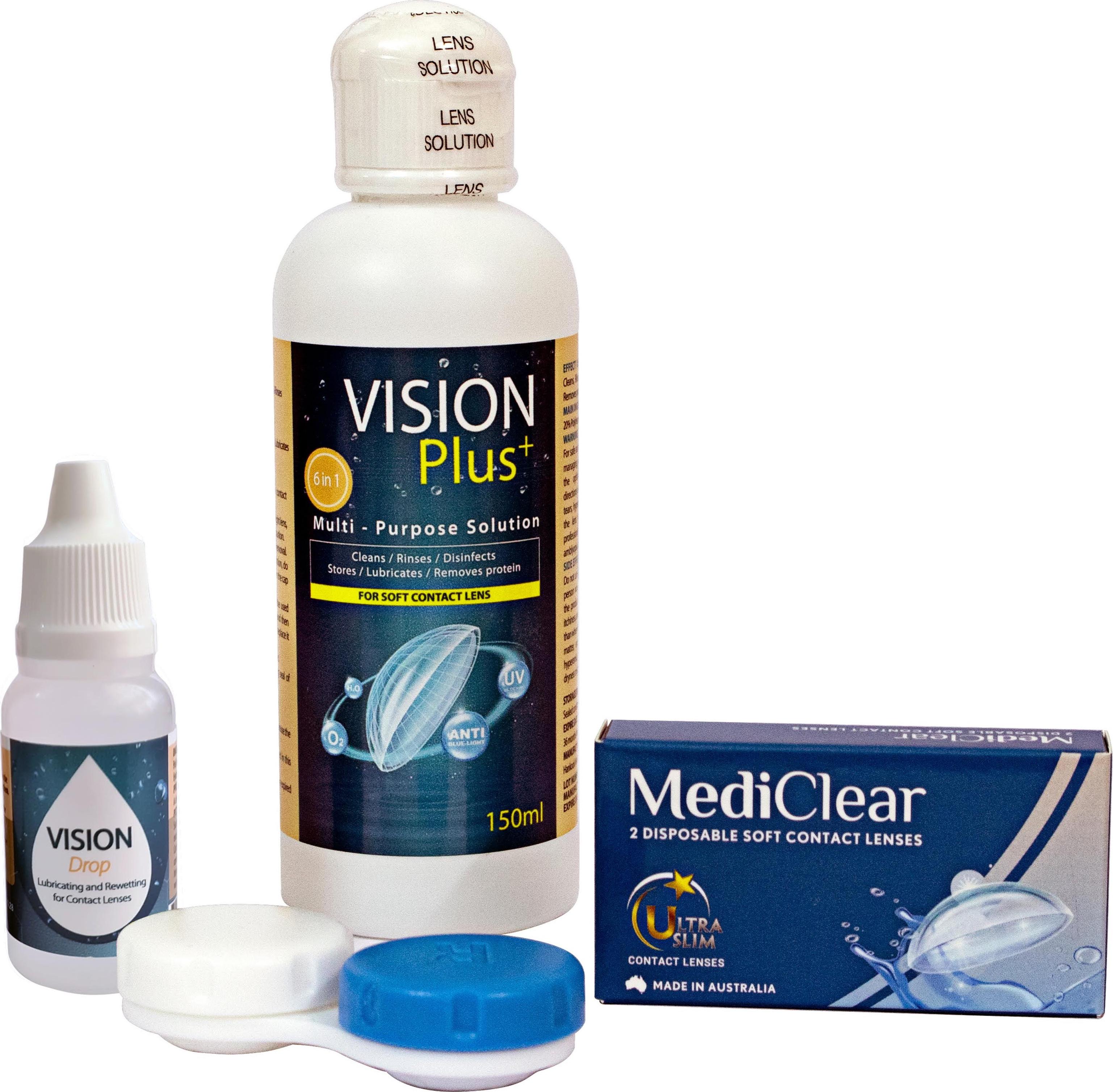 Một Cặp Kính Áp Tròng Australia Cận Thị Mediclear 3 Tháng + Nước Ngâm + Nhỏ Mắt