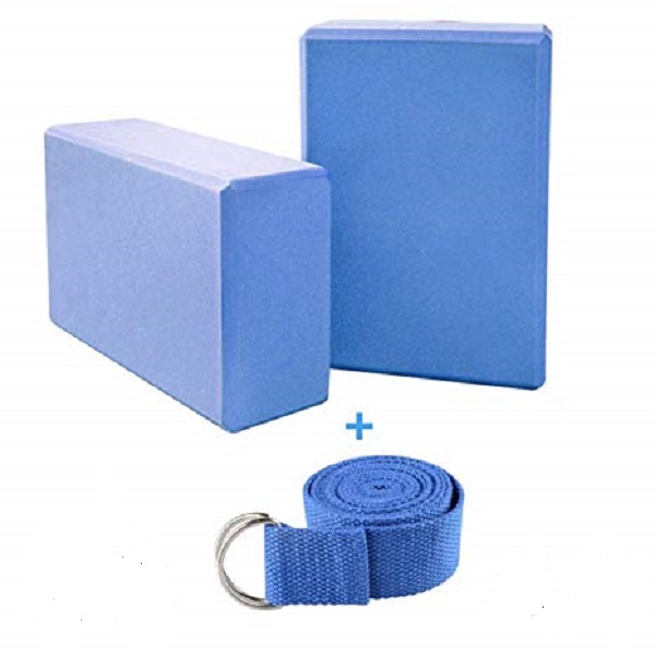 Combo khuyến mãi 2 gạch tập và 1 dây yoga cotton - Bộ xanh dương