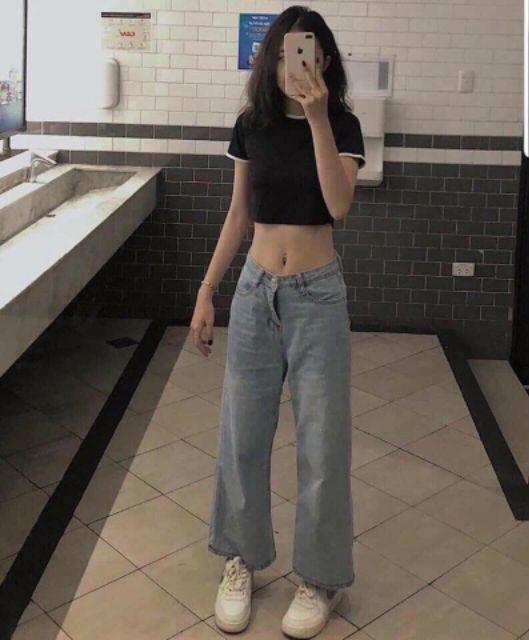 Áo cộc tay viền đen trắng croptop kiểu dáng body