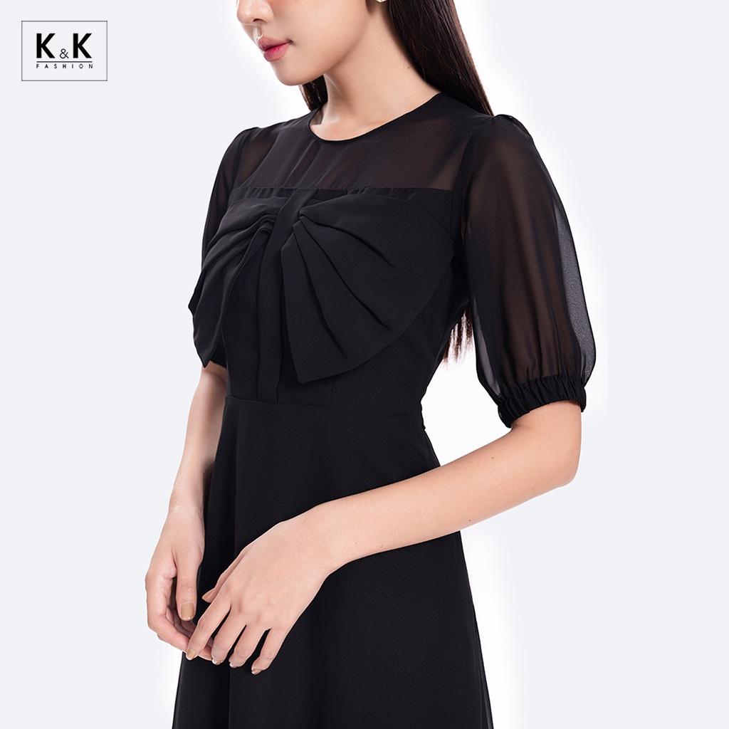 Đầm Đen Dáng Xòe Phối Nơ Ngực K&amp;K Fashion KK118-39 Chất Liệu Tằm Ý