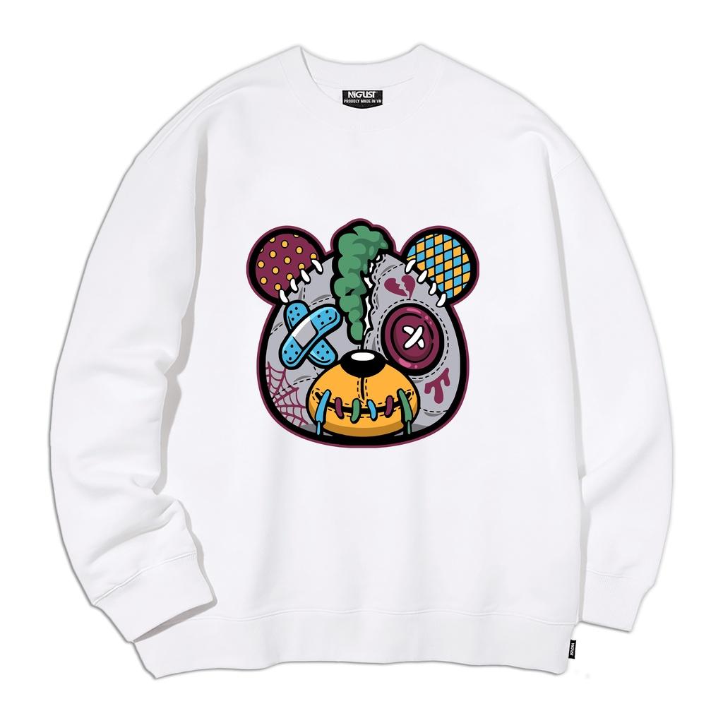 Áo sweater nam nữ local brand NIGUST Misfitz Heartbreak Bear N106 chất liệu nỉ da cá form rộng màu đen trắng Fullbox