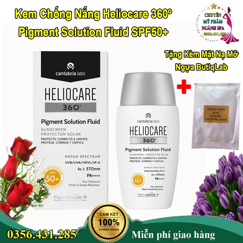 Kem Chống Nắng Heliocare 360º Pigment Solution Fluid SPF50+ Ultraligero Cantabria Labs Tây Ban Nha 50ml TẶNG KÈM MẶT NẠ BUTIQ LAB HÀN QUỐC