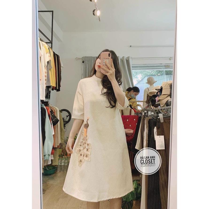 Váy bầu cách tân mẫu mới cho mẹ bầu diện tết cực xinh-Đầm bầu gấm họa tiết cho mẹ diện Tết và sự kiện