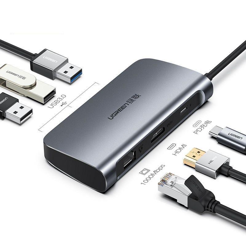 Ugreen UG50771CM212TK Bộ chuyển đổi TYPE C sang 2 USB 3.0 + HDMI + LAN + hỗ trợ nguồn TYPE C - HÀNG CHÍNH HÃNG