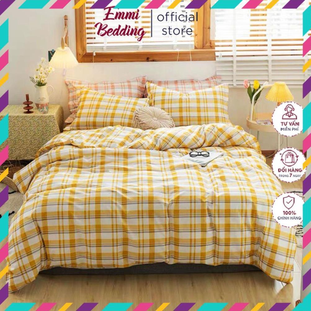 Bộ chăn ga gối , coton poly họa tiết kẻ ô vuông đủ size miễn phí bo chun