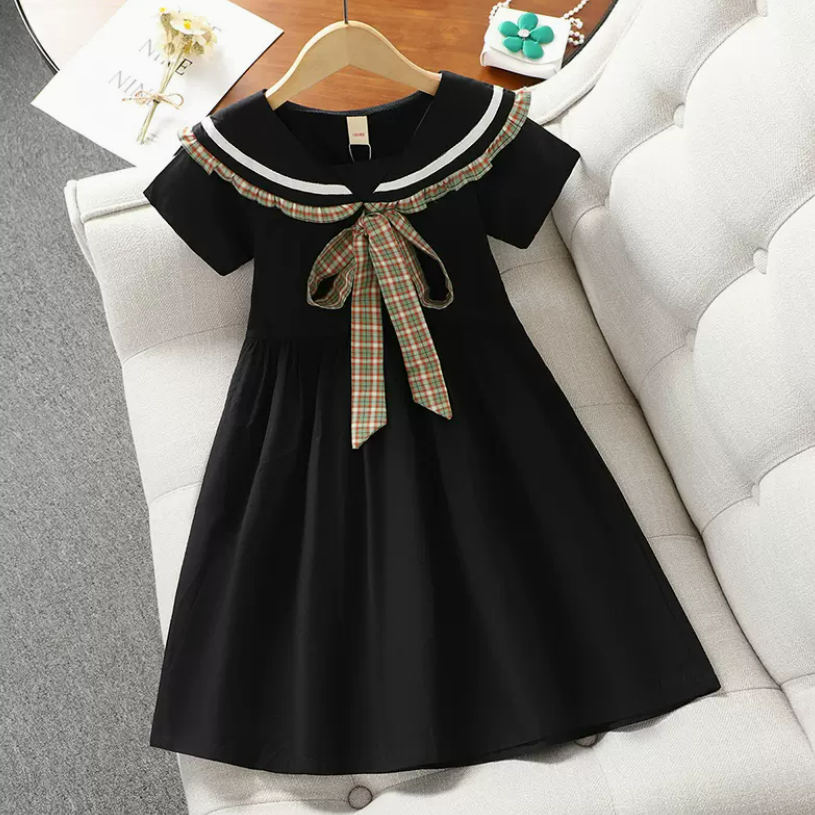 DONGSHOP Cô gái đại học gió đầm mùa hè 2023 trẻ em váy dài màu đen bông ngắn tay công chúa váy mỏng