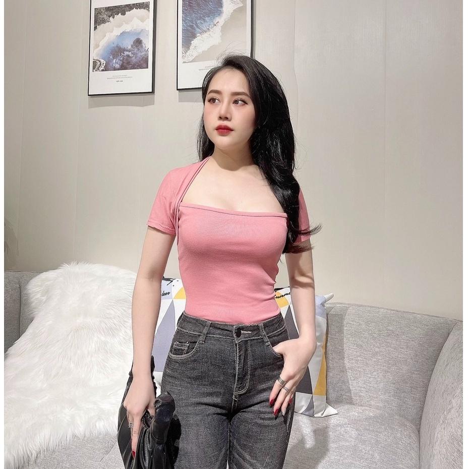 Áo thun nữ ôm body kiểu cổ vuông tay ngắn chất cotton mềm mại phong cách