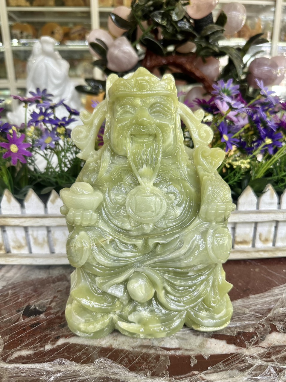 Tượng ông Thần Tài kim tiền, thần phát phong thủy cầu may mắn tài lộc đá ngọc onyx xanh đặt bàn thờ thần tài - Cao 20 cm