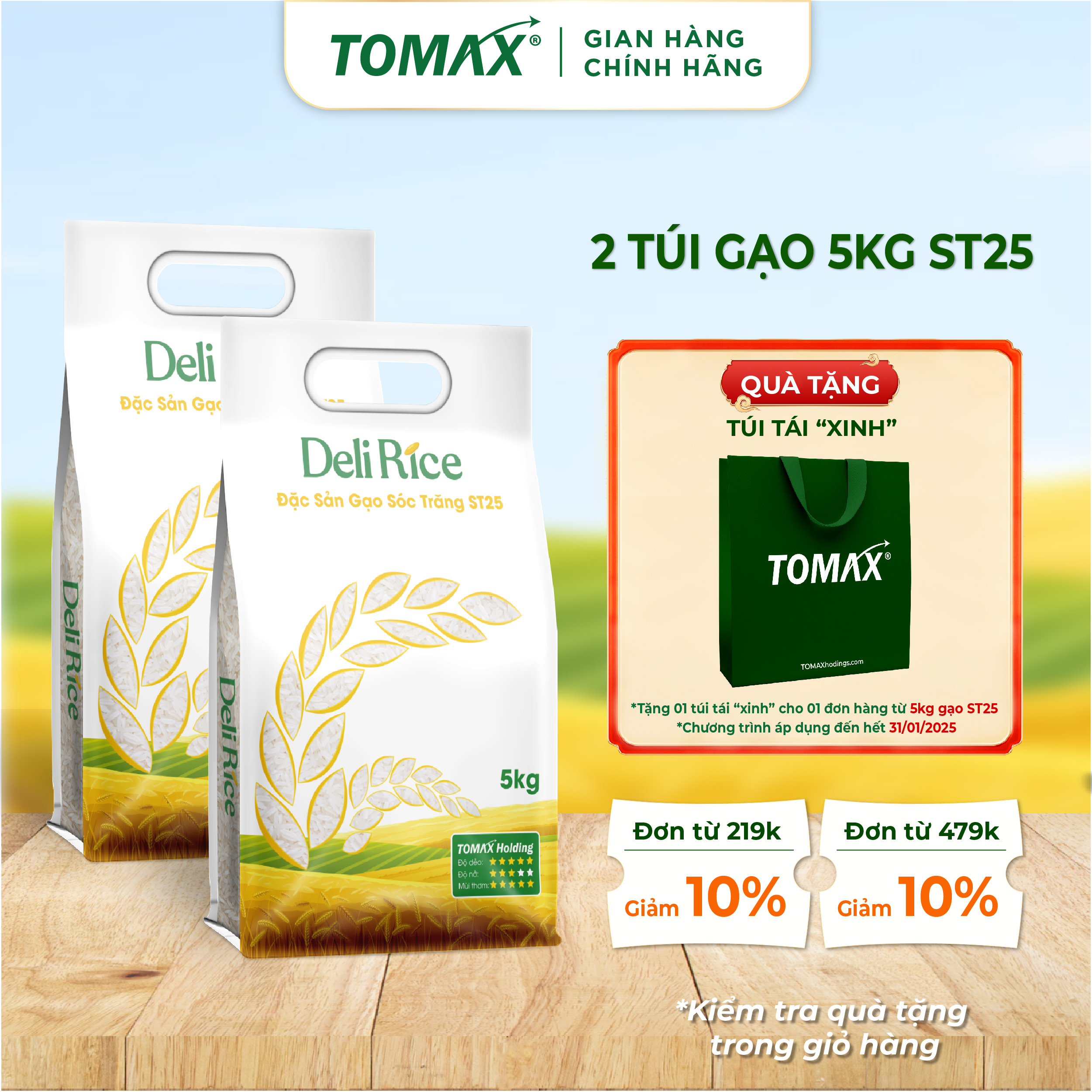 Combo 2 túi 5kg gạo ST25 Tomax thượng hạng, dẻo thơm