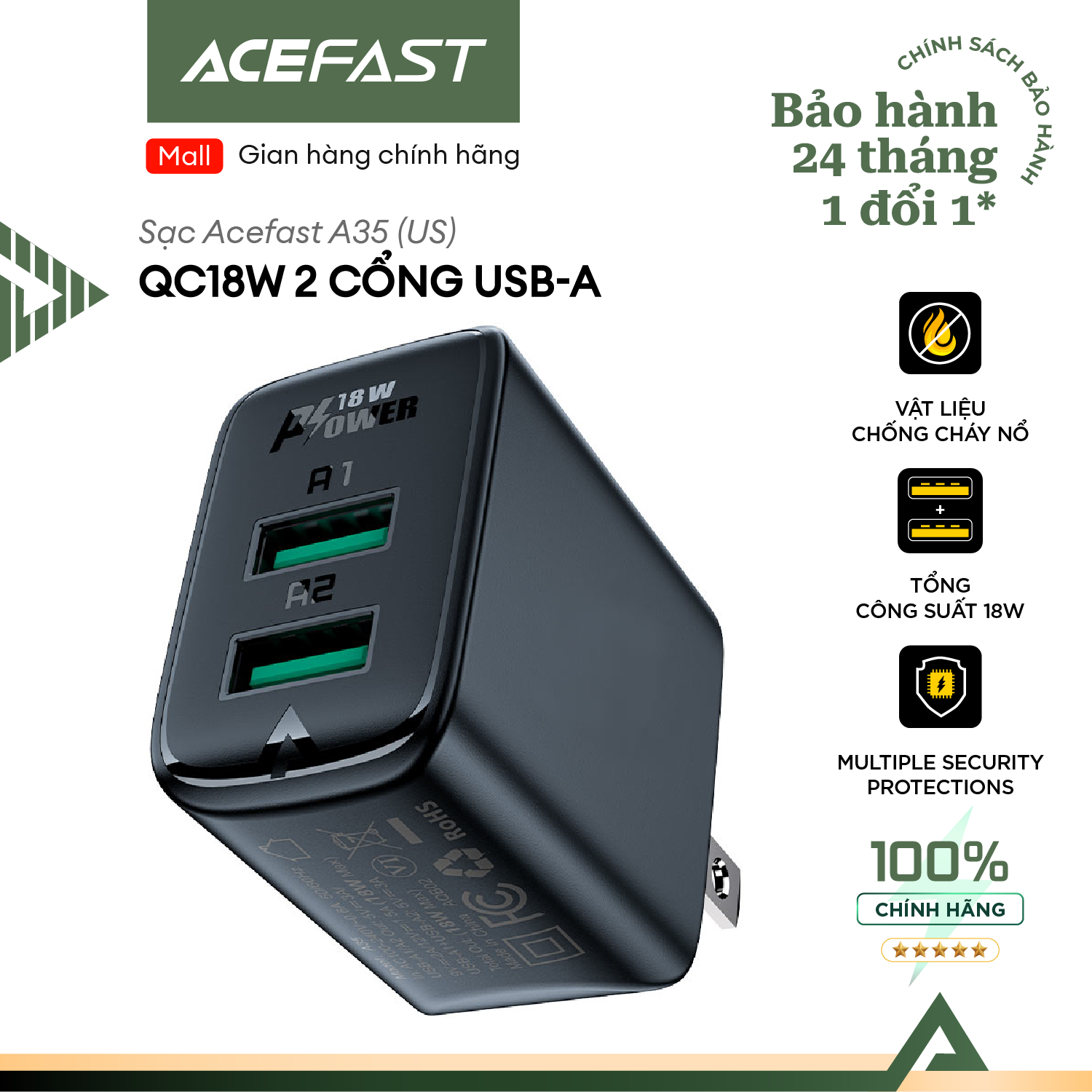 Sạc Acefast QC18W 2 cổng USB-A (US) - A35 Hàng chính hãng Acefast