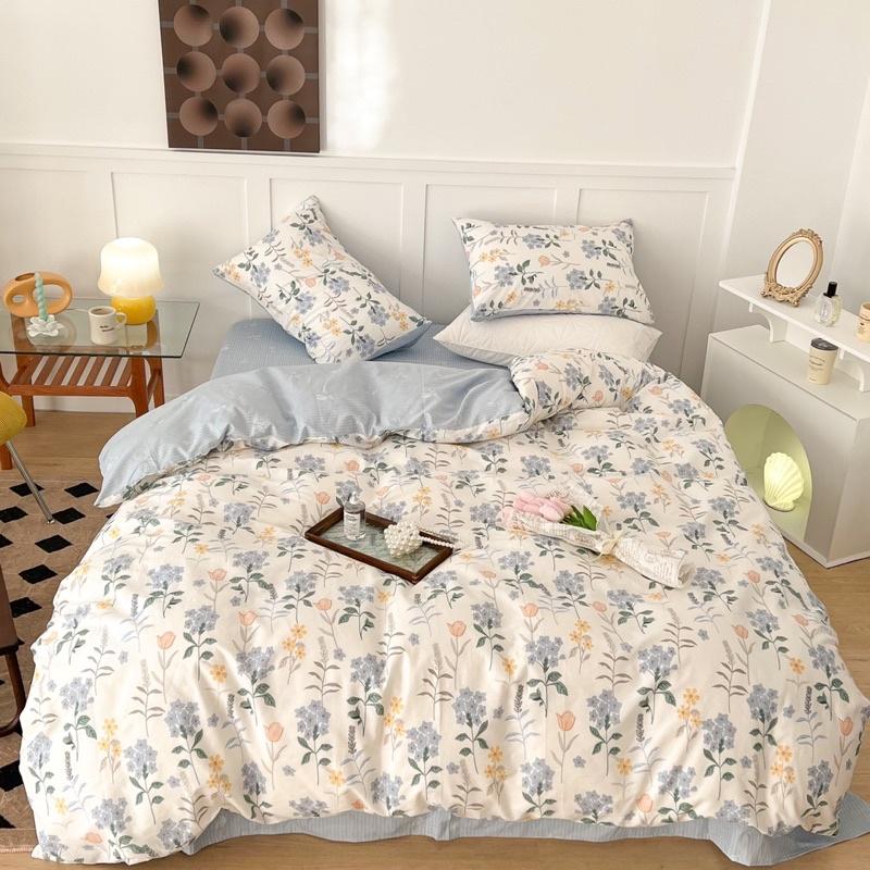 Bộ Chăn Ga Gối Côtton Living 100%cotton Hàng Nhập Khẩu Cao Cấp 4 Món Hoa Xanh