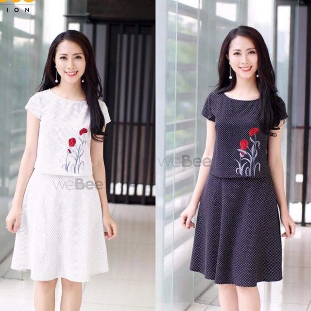 Set đầm chấm bi thêu hoa thời trang WB01