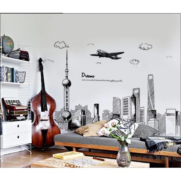 Decal trang trí tường - Thành Phố Tranh Vẽ Đen Trắng size lớn