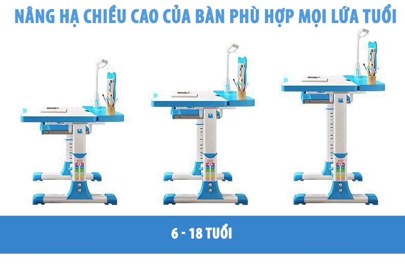 Bộ bàn ghế chống cận chống gù SKYA  A6 ngồi học thông minh cho bé chỉnh được độ cao có giá đỡ sách và ngăn kéo và đèn