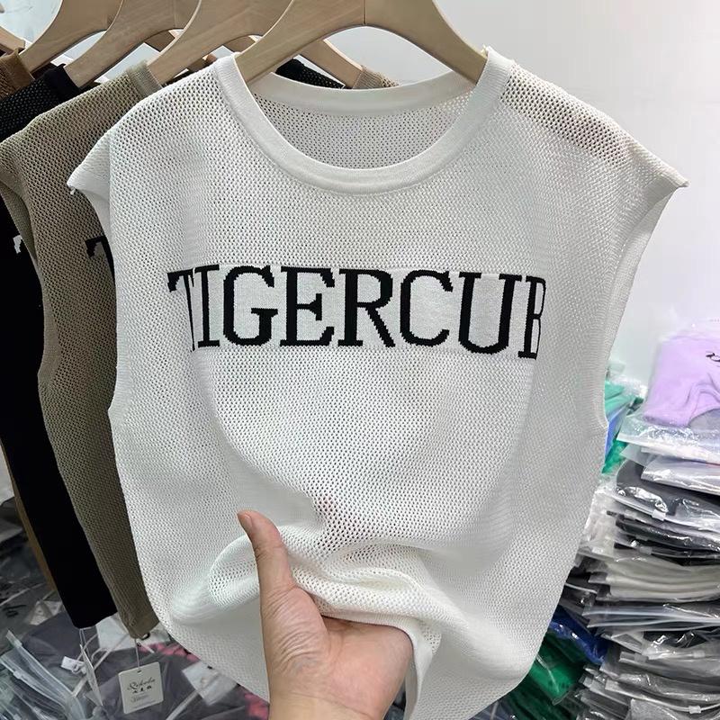 Áo len lưới form rộng tay hến nữ kiểu cổ tròn Tank Top Tigercub dệt kim phong cách Hàn Quốc trẻ trung