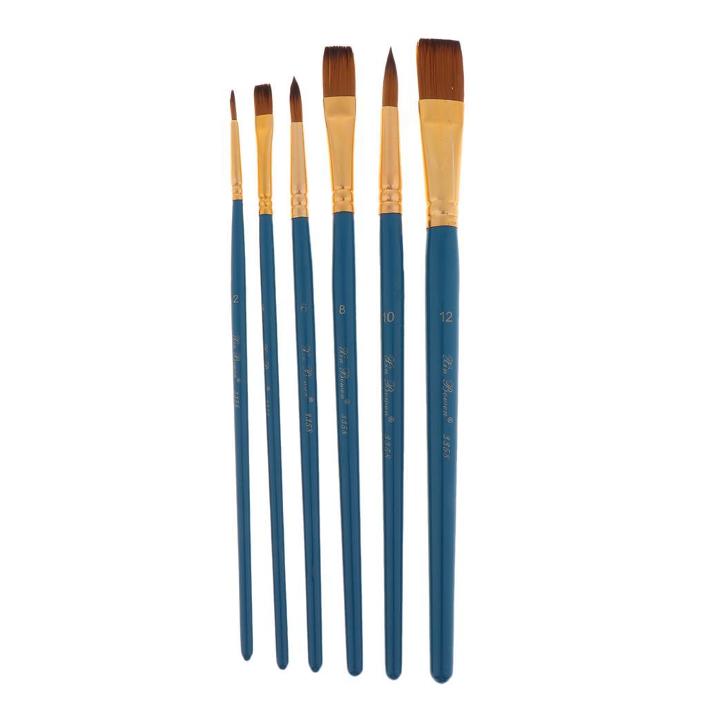 6 Pieces Wooden Flat Round Pointed Tip Nylon Hair Artist Paint Brushes for Art Painting, Acrylic Watercolor Oil, Nail Art, Miniature Painting