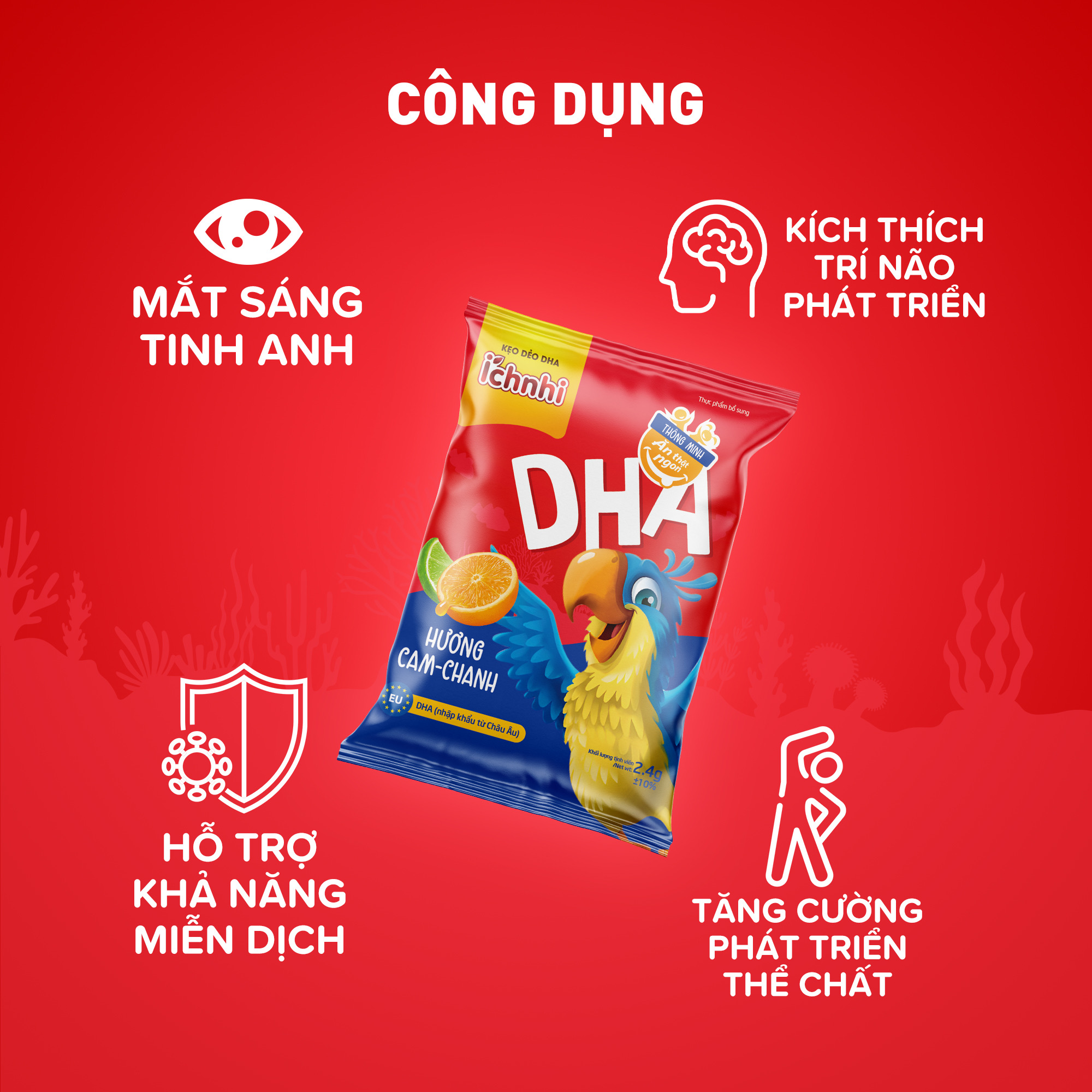 ￼Kẹo dẻo DHA Ích Nhi phát triển trí não, tăng cường thị lực, giảm mỏi mắt cho bé, hương trái cây, dây 10 gói x 24g