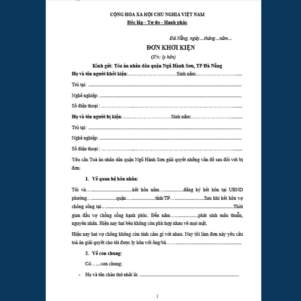 Mẫu đơn ly hôn đơn phương Tòa án quận Ngũ Hành Sơn + tài liệu hướng dẫn chi tiết