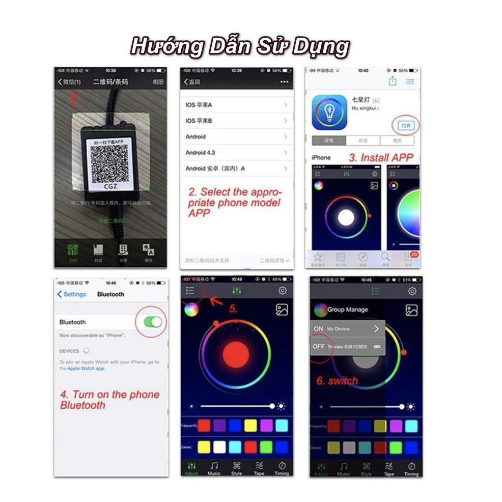 Bộ Đèn led dây sợi quang viền đổi màu nội thất ô tô 6 mét điều khiển đổi màu qua app điện thoại