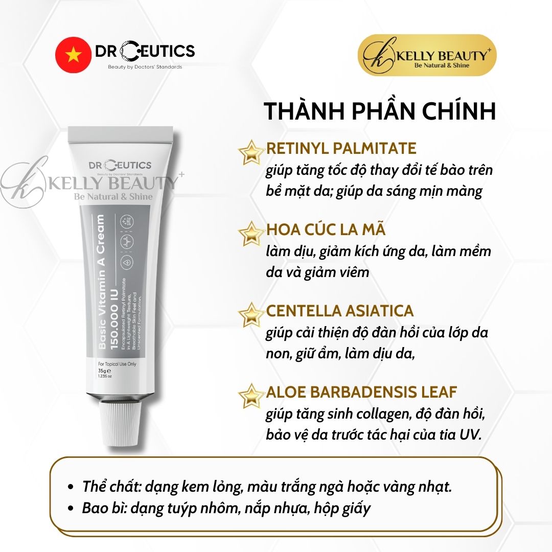 Kem Dưỡng Basic Vitamin A Cream 150.000 IU DrCeutics - Mờ Nếp Nhăn, Căng Mịn; Sáng Da, Mờ Thâm Nám | Kelly Beauty