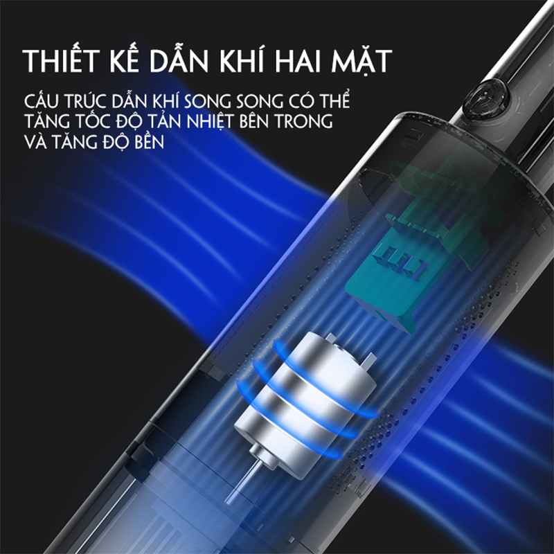 Máy hút bụi ô tô không dây 120w cao cấp, pin sạc nhanh, thiết kế dẫn khí 2 mặt, vách ngăn bụi mềm mịn