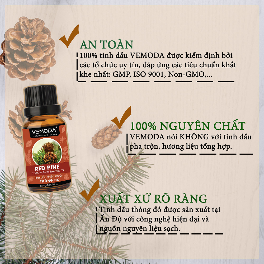 Tinh dầu Thông đỏ cao cấp. Redpine Essential Oil 10ML. Tinh dầu xông phòng giúp thư giãn, giảm căng thẳng, khử mùi, thanh lọc không khí, giữ ấm, giảm ho.Tinh dầu thơm phòng cao cấp Vemoda